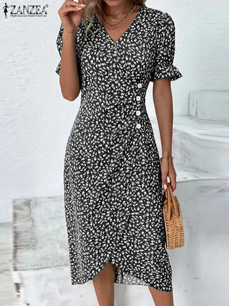

2024 ZANZEA Summer V Neck Short Sleeve Floral Printed Party Midi Dress Women Bohemiam Sundress Robe Femme Beach Holiday Vestido