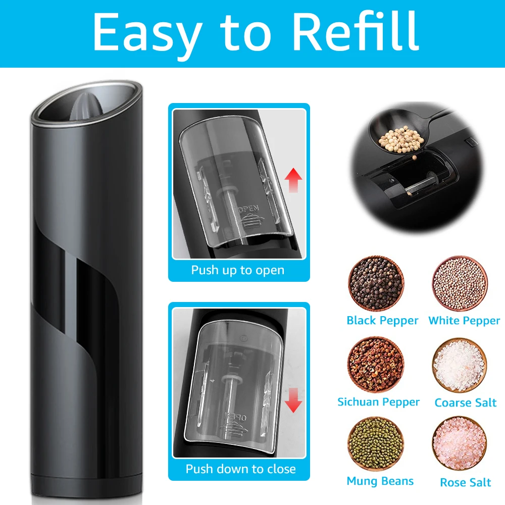 Electric Salt or Pepper Grinder Battery Operated Gravity with Light Switch Button Automatic Mill