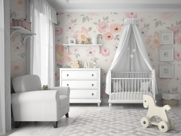 Aquarela parede floral mural para berçário, rosa