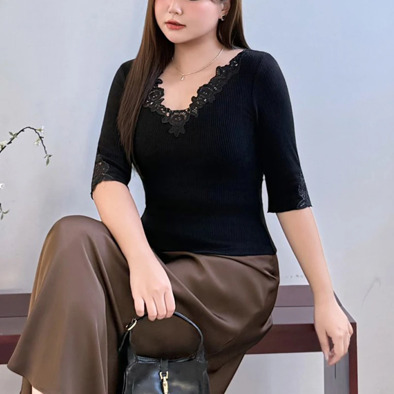 Fashion Plus Size Women's T-Shirt Premium Rose Embroidered Lace V-Neck Half Sleeved Knitted Top French Hot Girl Luxury Tees 9330