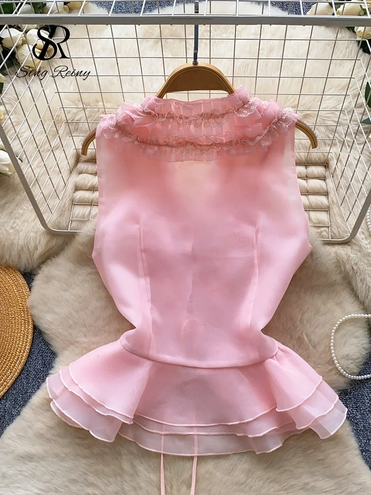 SINGREINY Celebrity Style Organza Hotsweet Top High Qulaity Sleeveless Lace Up Luxury Blouse Bohemian 3D Ruffles Short Tank Top 4