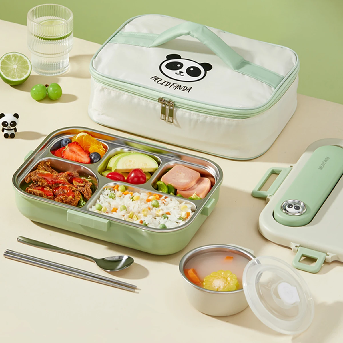 WORTHBUY 휴대용 304 스테인리스 스틸 도시락, 식품 보관 용기, 4/5 그리드 디너 플레이트, 절연 가방 포함, 식품 상자 