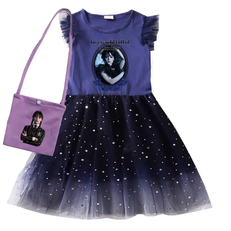 Day Addams Kids Summer Morticia Dress Neonate Cute Lace Princess Dress Toddler Girls Birthday Party Dresses With Bag