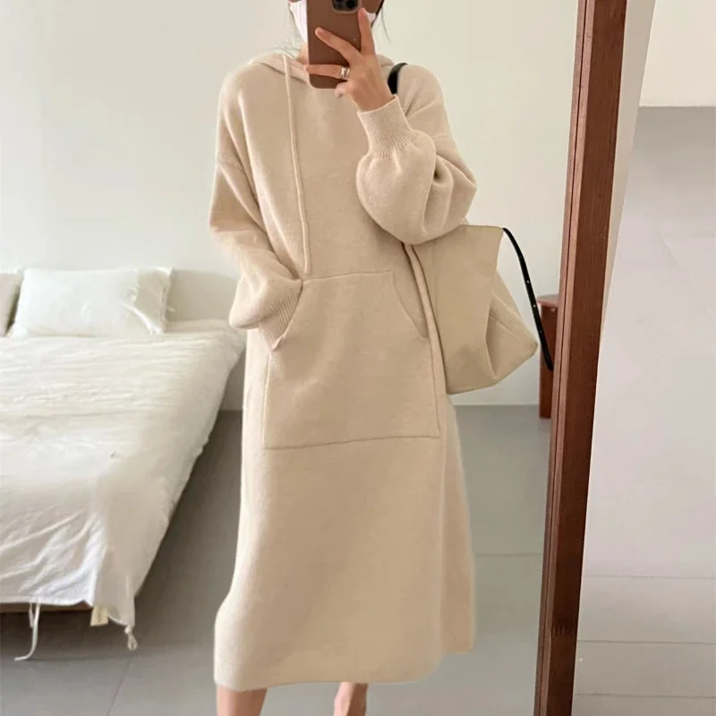 

Women's Long Hooded Knit Dress A Fashionable Korean Style Sweater Dress with Pockets Perfect for Autumn and Winter