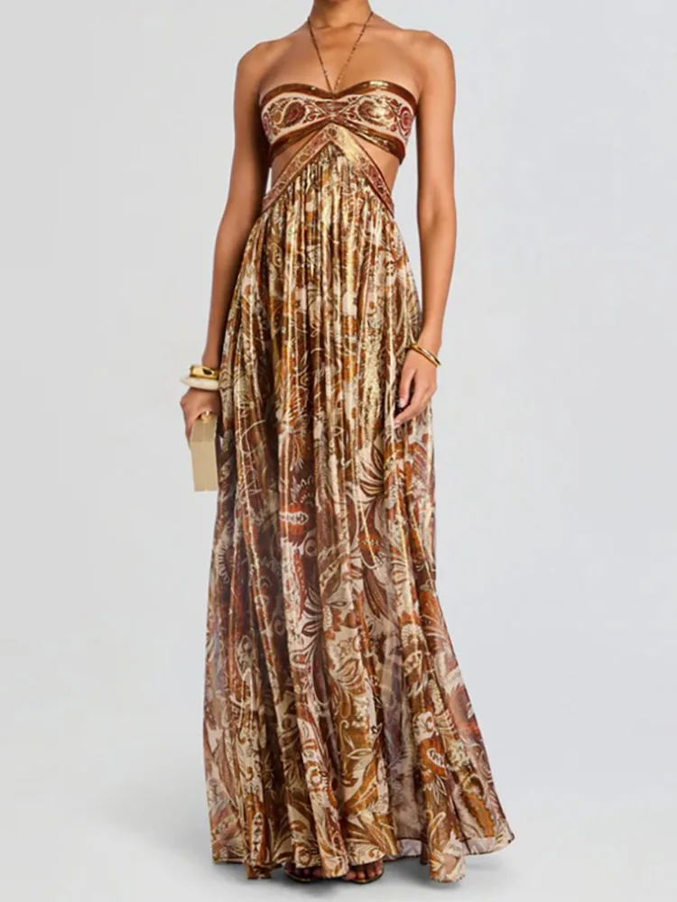 Elegant Backless Lace-Up Bohe Beach Dress Vintage Pattern Print Swing Party Dress Women Sexy Halter Sleeveless Pleat Long Dress 1