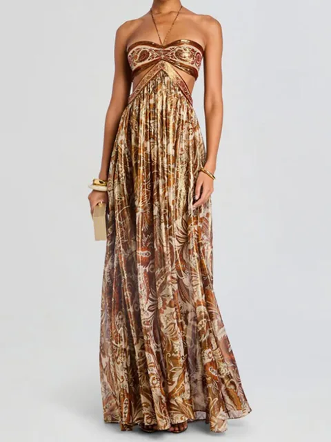 Elegant Backless Lace-Up Bohe Beach Dress Vintage Pattern Print Swing Party Dress Women Sexy Halter Sleeveless Pleat Long Dress 1