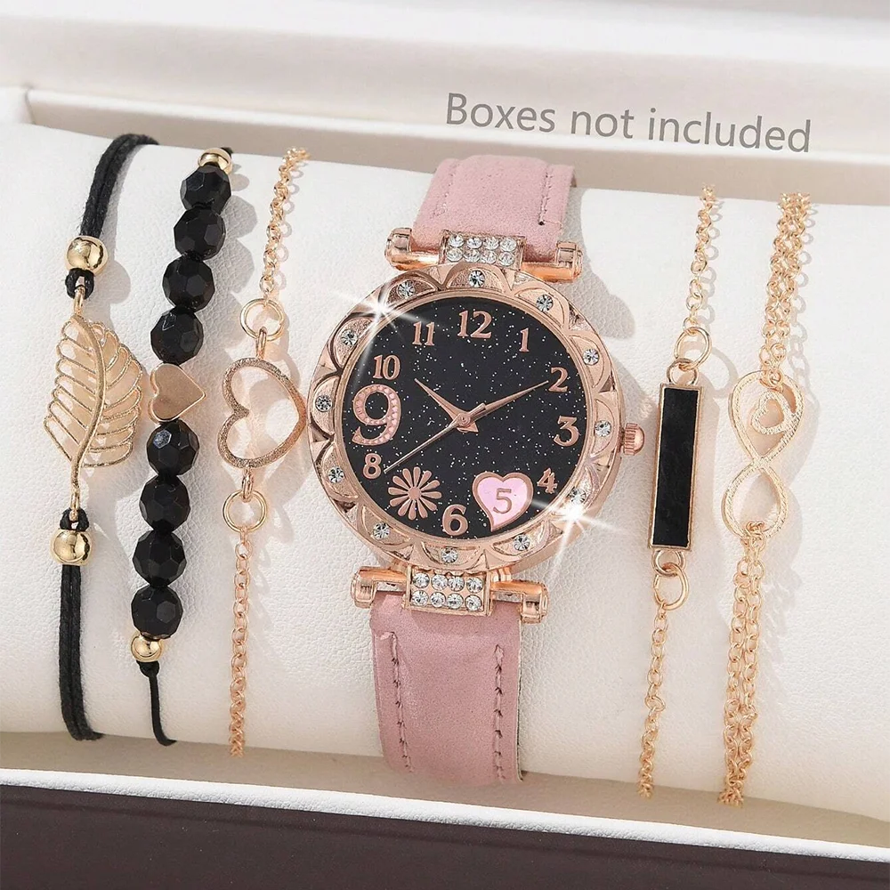 6-teiliges Set Uhr für Frauen Luxus Leder Analog Damen Quarz Armbanduhr - Bild 28 von 30