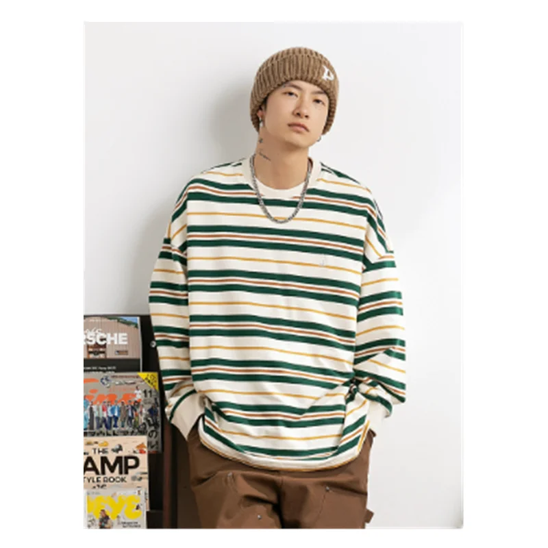 

Japanese Men's Striped Contrasting Round Neck Sweater Autumn Trend Loose Fitting Couple Unisex Long Sleeved T-shirt B0008