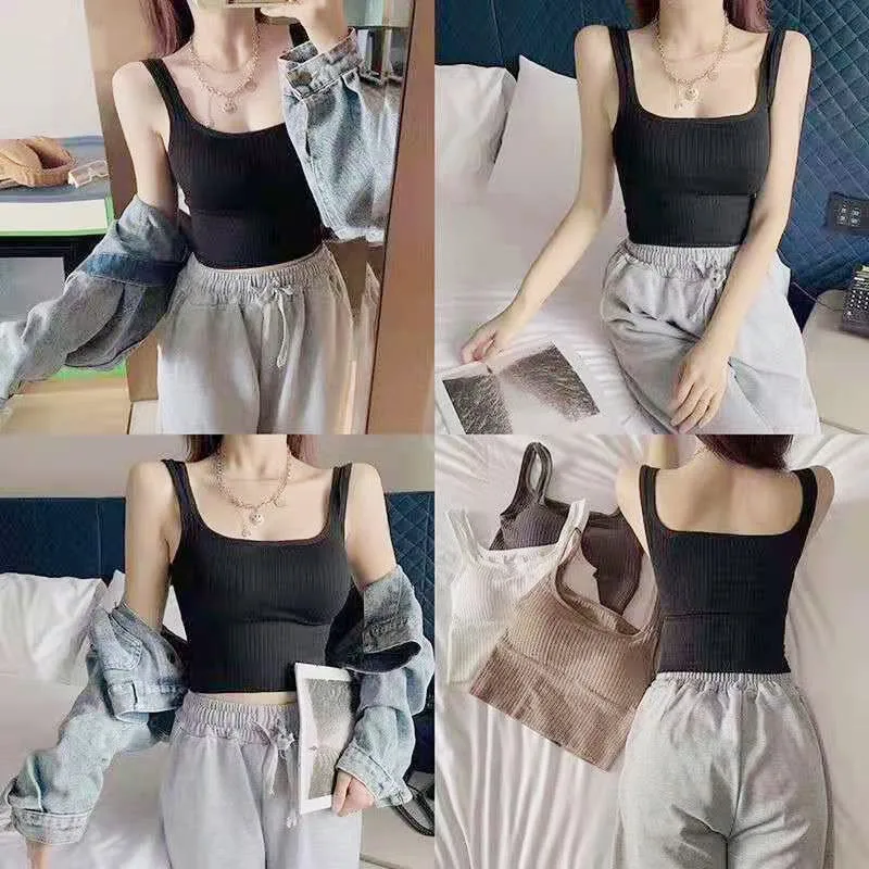 

Korean crop tops halter spaghetti strap tanke top women built in bra solid color versatile camisole off shoulder sleeveless