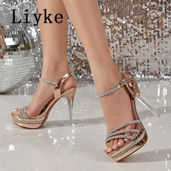 Liyke 2024 New Fashion Crystal Narrow Band Open Toe Silver Sandals Women Wedding Banquet Shoes Platform High Heels Sandalias