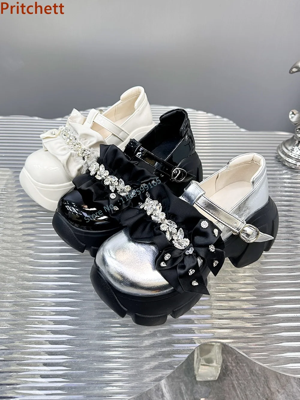 

Pleated Crystal Women's Pumps Thick Soled Round Toe Buckle Strap Shallow Solid Black White Shoes High Increase Mary Jane Shoes