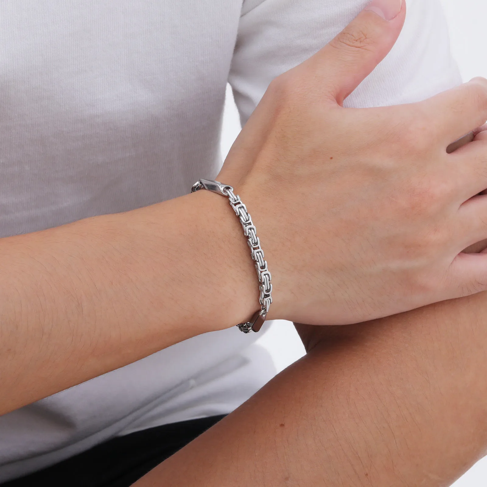 Thin Byzantine Bracelets for Men Boys,Stainless Steel Handmade Chain Wristband,Simple Hip Hop Cool Jewelry Accessories