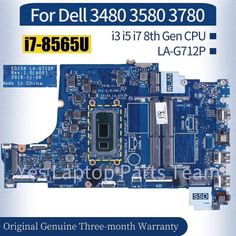 Placa-mãe Portátil para Dell 3480 3580 3780 La-g712p 05cf0m 0c75m5 0twydt i3 i5 i7 8ª Geração