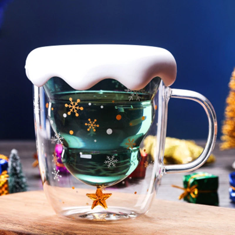 Double Layer Glass Cup 2022 Christmas Tree Coffee Mug Creative 3D Transparent Cute Mug Cocktail Glass With Cover Tea Cup Gifts