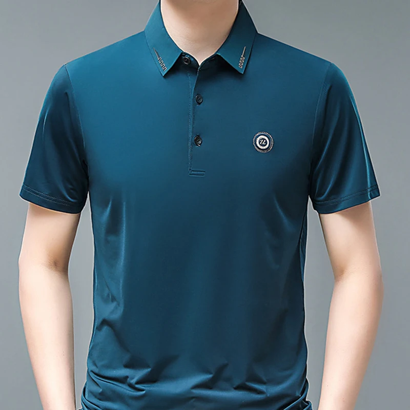 

Polo New Summer Solid Short Sleeve T-shirt Men's Turn-down Collar Button Letter Embroidery Tees Fashion Casual Tops