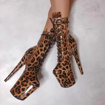 Exotic 20 cm Leopard Print Gothic Stripper Heels Size 34-46 8Inch Platform Ankle Boots Strip Pole Dance Catwalk Round Toe Women