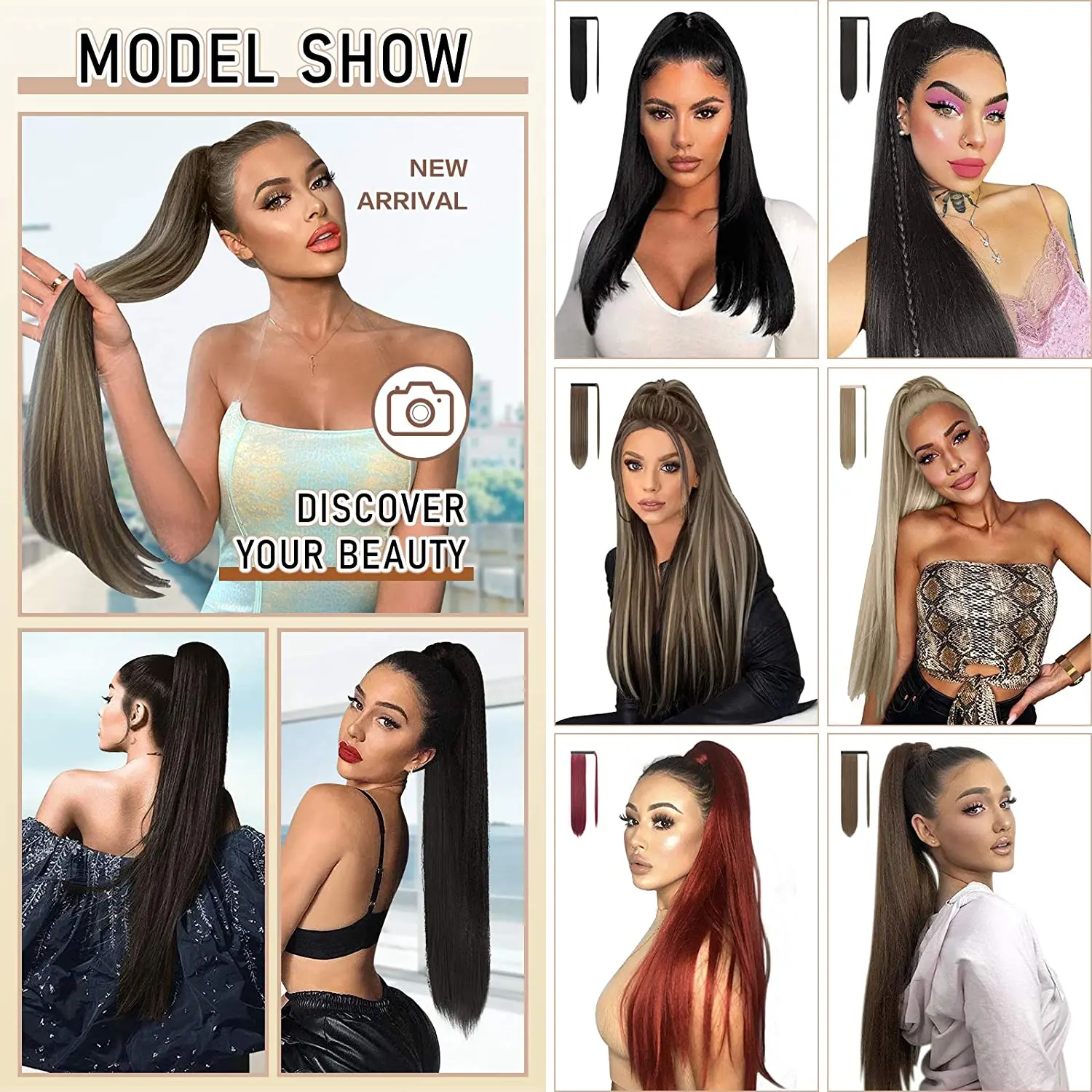 Ponytail Extension Long Straight Wrap Around Clip in Fake Hair Extensions Synthetic Pony Tails Hairpieces for Women Girls Daily Party