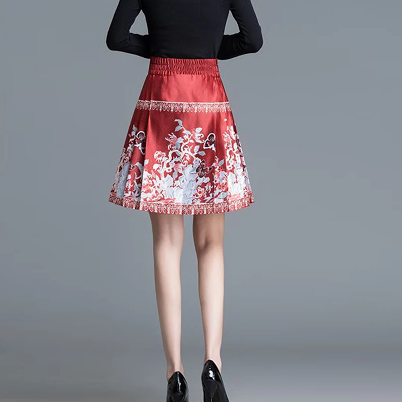 Summer Elegant Chinese Style Vintage Printing Pleated Skirts Female High Waist Temperament Fashion All-match Casual Skirt Women