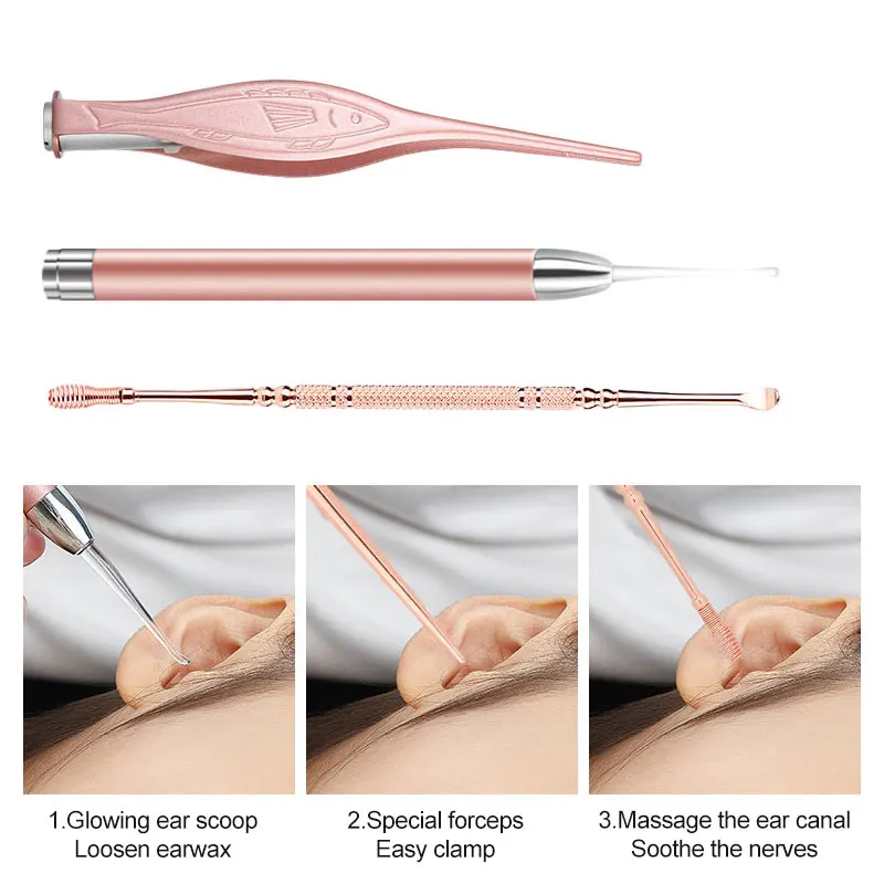 Ear Cleaner Set Earpick Ear Wax Remover Ear Spoon Curette Ear Cleaning Spiral Earpick Earwax Removal Ear Cleaner Kit with Light 3