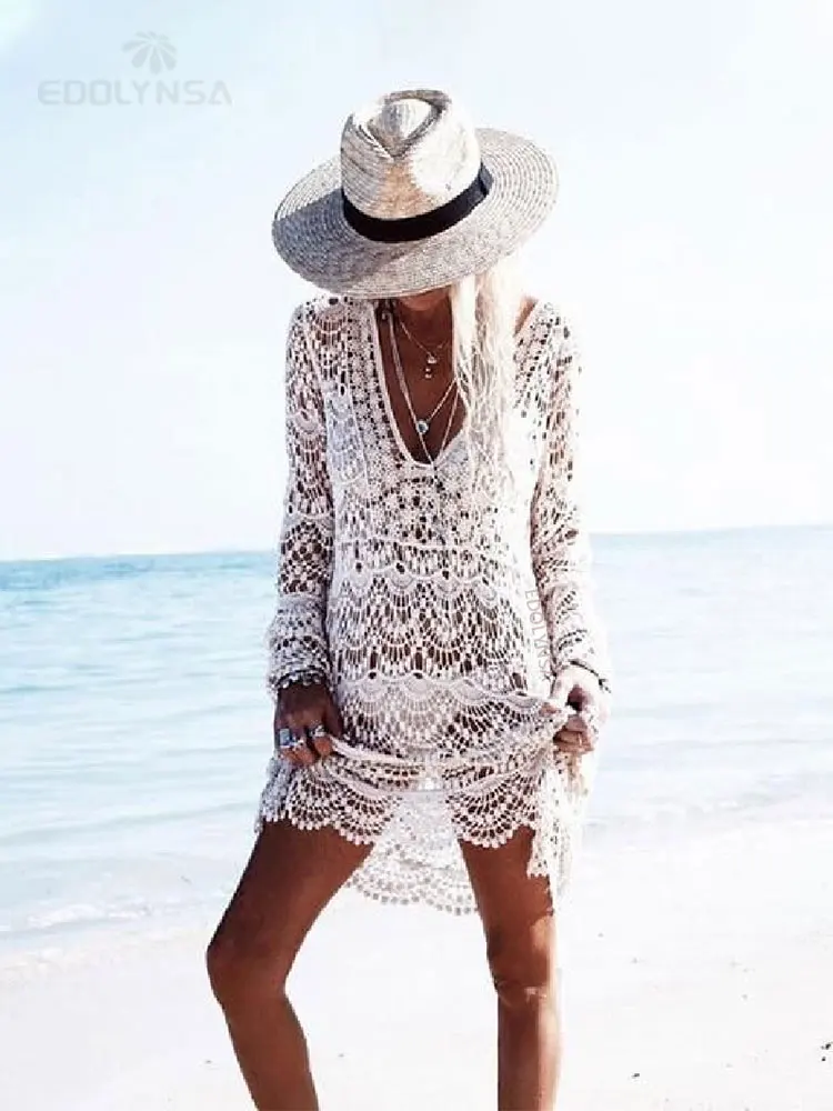 Beach Cover Crochet Summer Beach Dress Cover Up Sexy Hollow Out Mesh Knitted Tunic Swimsuit Cover-ups Womens Beach Sarong Robe De Plage A33