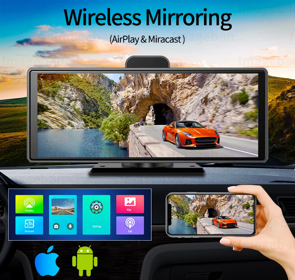 Mirror Dash Cam Wireless CarPlay & Wireless Android Auto, Dash Cam