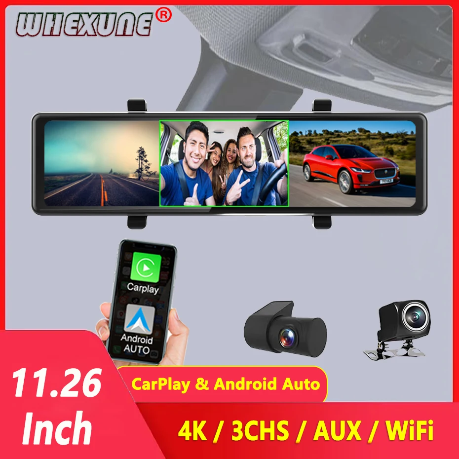 4K Car Dvr 3 Canali Dashcam Gps Track Visione Notturna Wireless Apple Carplay E Android Auto Voice Control Telecamera Per Specchietto Retrovisore
