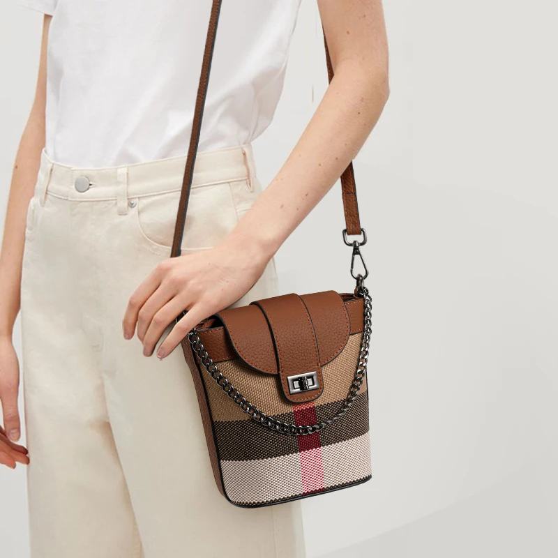 Mini-Beuteltasche für Damen mit Patchwork aus Rindsleder und Canvas, Karomuster, Umhängetasche/Umhängetasche zum Einkaufen, Handytasche
