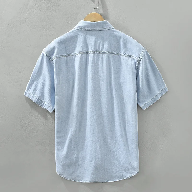 Summer Short Sleeve Denim Shirt Men Casual Loose Blue Jeans Japanese Double Pockets Cowboy Youth Fashion