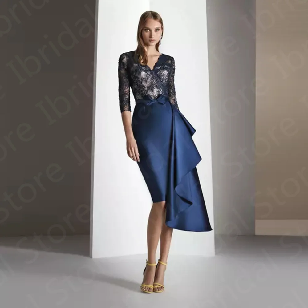 

On Sale Dark Navy Short Mother Dresses Lace of the Bride V Neckline Knee Length Wedding Party Gowns Illusion Back