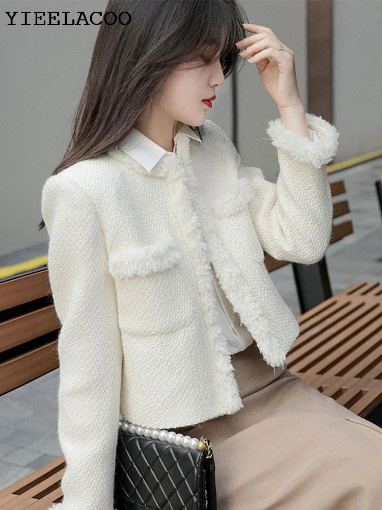 

Белая твидовая Женская куртка, короткая куртка с бахромой, шерстяное пальто на весну/Осень/зиму, новая классическая шерстяная куртка для дам