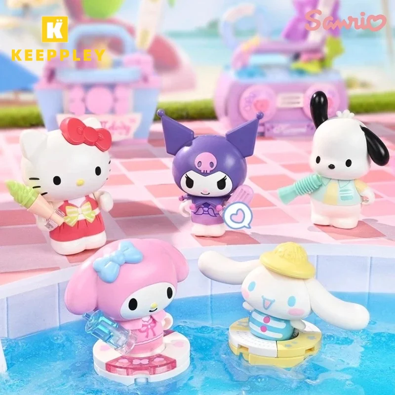 Keeppley Sanrio 빌딩 블록 여름 파티 헬로 키티 접합 장난감 Kuromi My Melody Pochacco 모델 장식품 선물