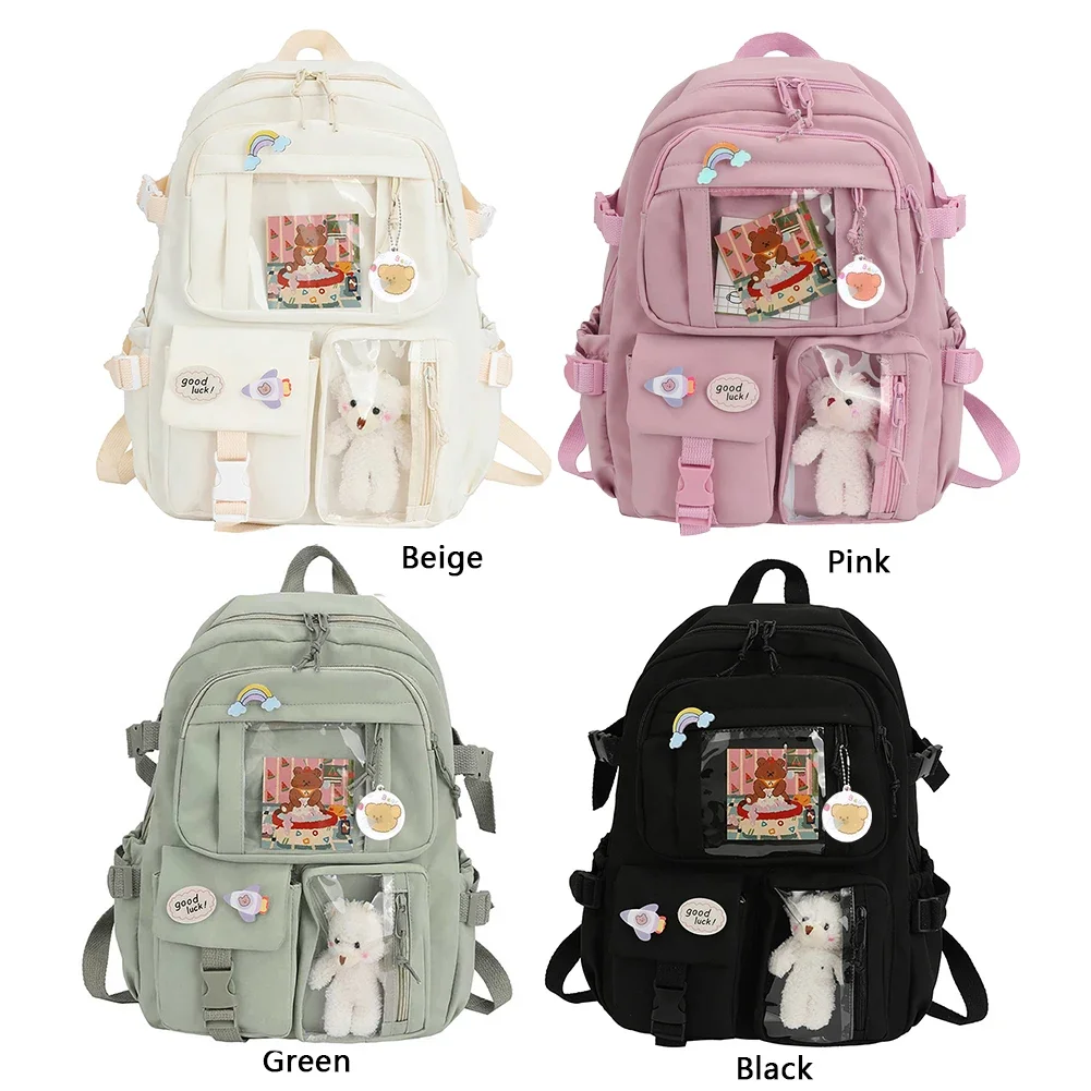 College Student Rucksack Fashion Casual Book Bags Nylon with Plush Pendant Pin Cute Large Capacity Japanese Style for Teen Girls 1