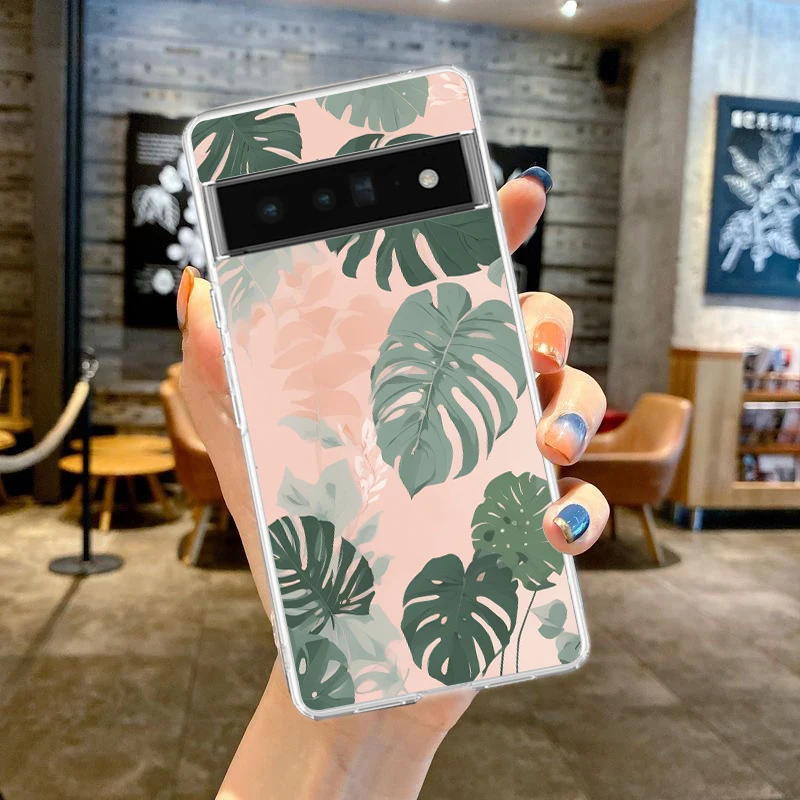 Clear Soft TPU Phone Case with Monstera Green Leaf Design