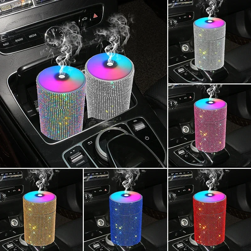 LED 조명이 있는 자동차 공기 가습기, USB 자동 디퓨저 가습기, 크리스탈 라인석 방향제, 자동차 블링 액세서리, 200ml