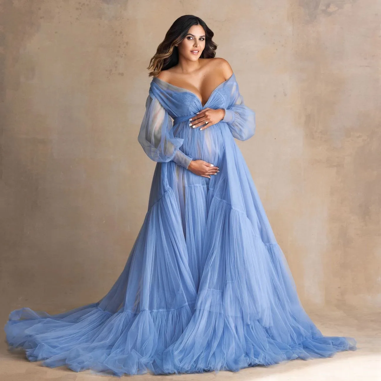 Charming Ruffle Tulle Maternity Dress Photoshoot Off the Shoulder Blue