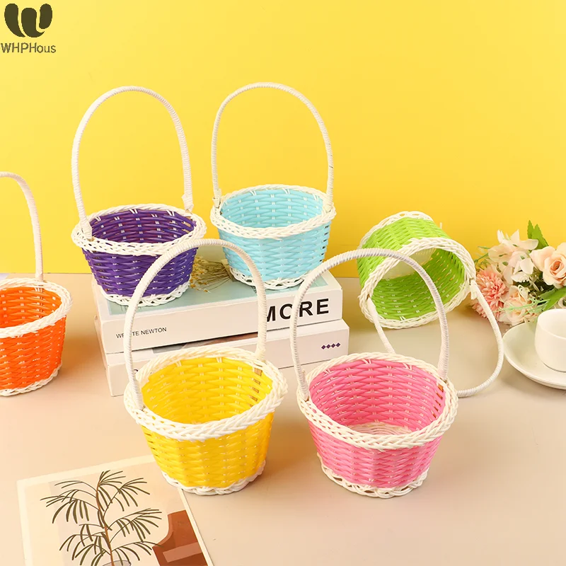 Plastic Rattan Woven Blue Easter Egg Basket Round Storage Basket Home Gift