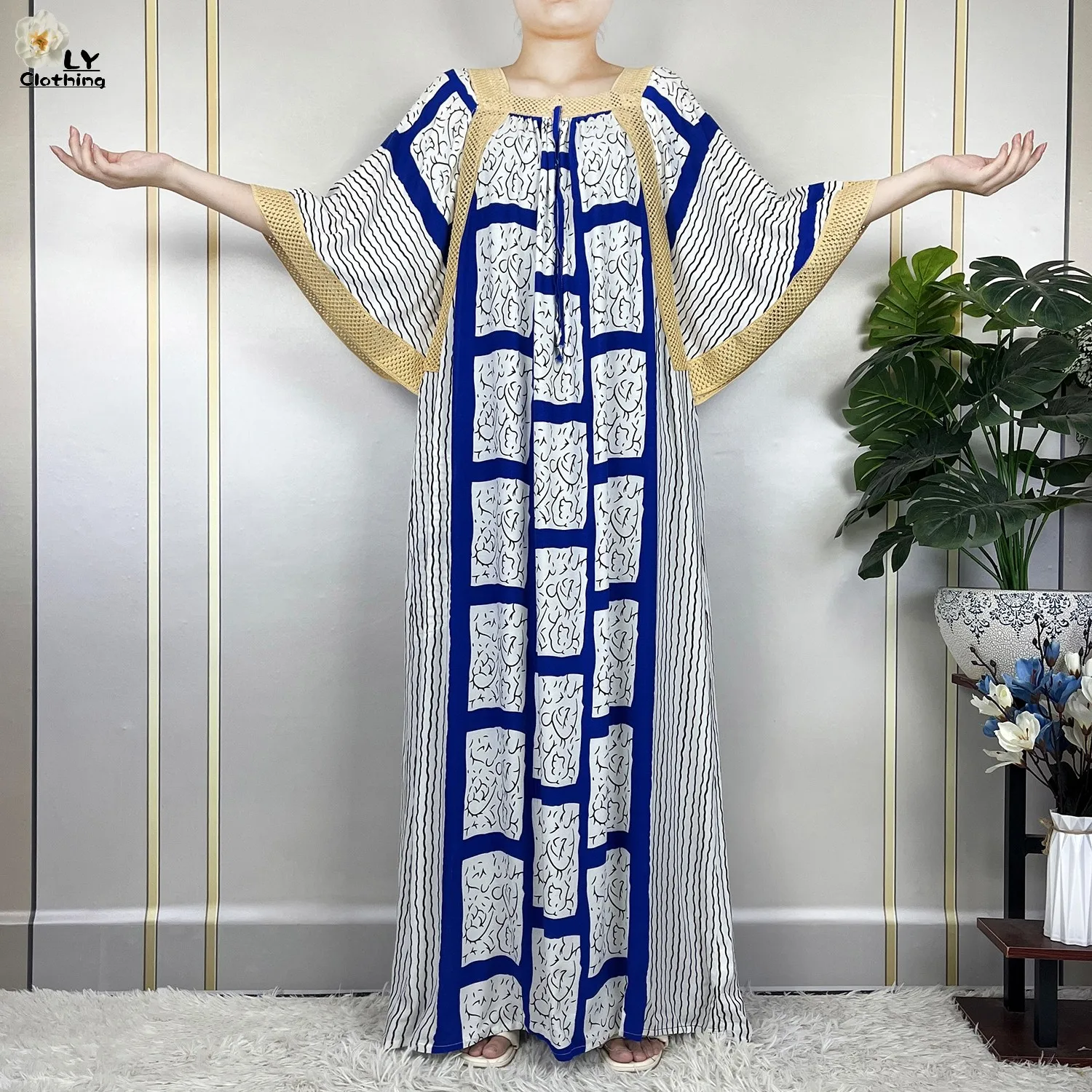 2023 New African Islam Summer Femme Short Sleeve Stripe Printing Loose Dubai Fashion Robe Muslim Women Dress With Large Scarf 5