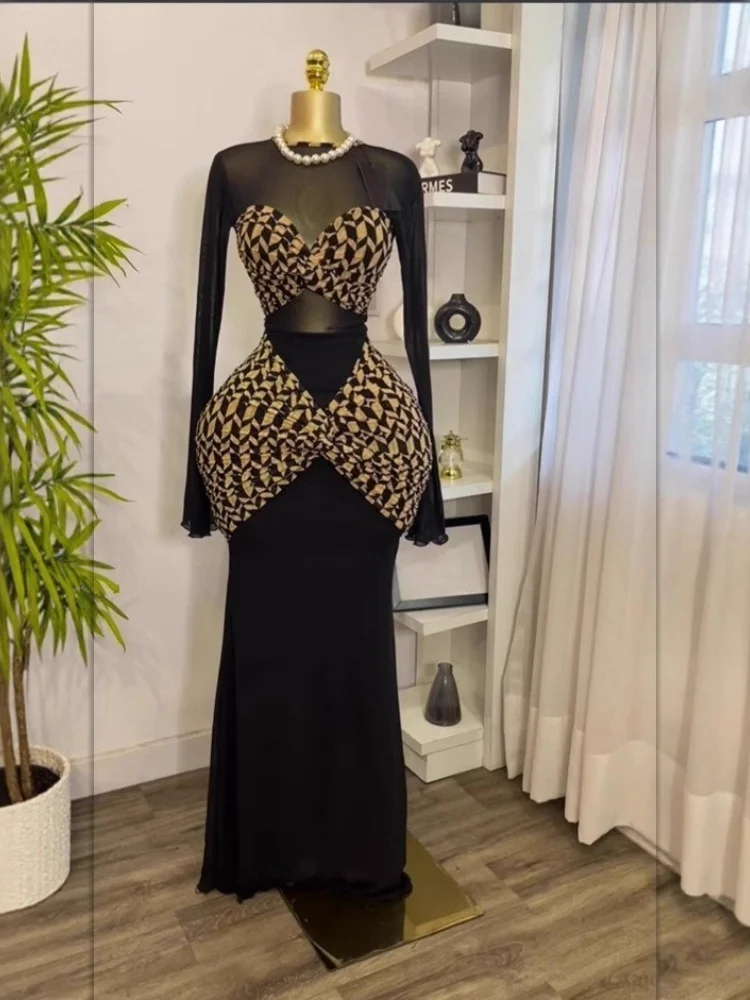 Wmstar Dress Women Wholesale in The Autumn of 2025 A Cross Border Printed Pleated Tight Feminine Charm Long Sleeved Black