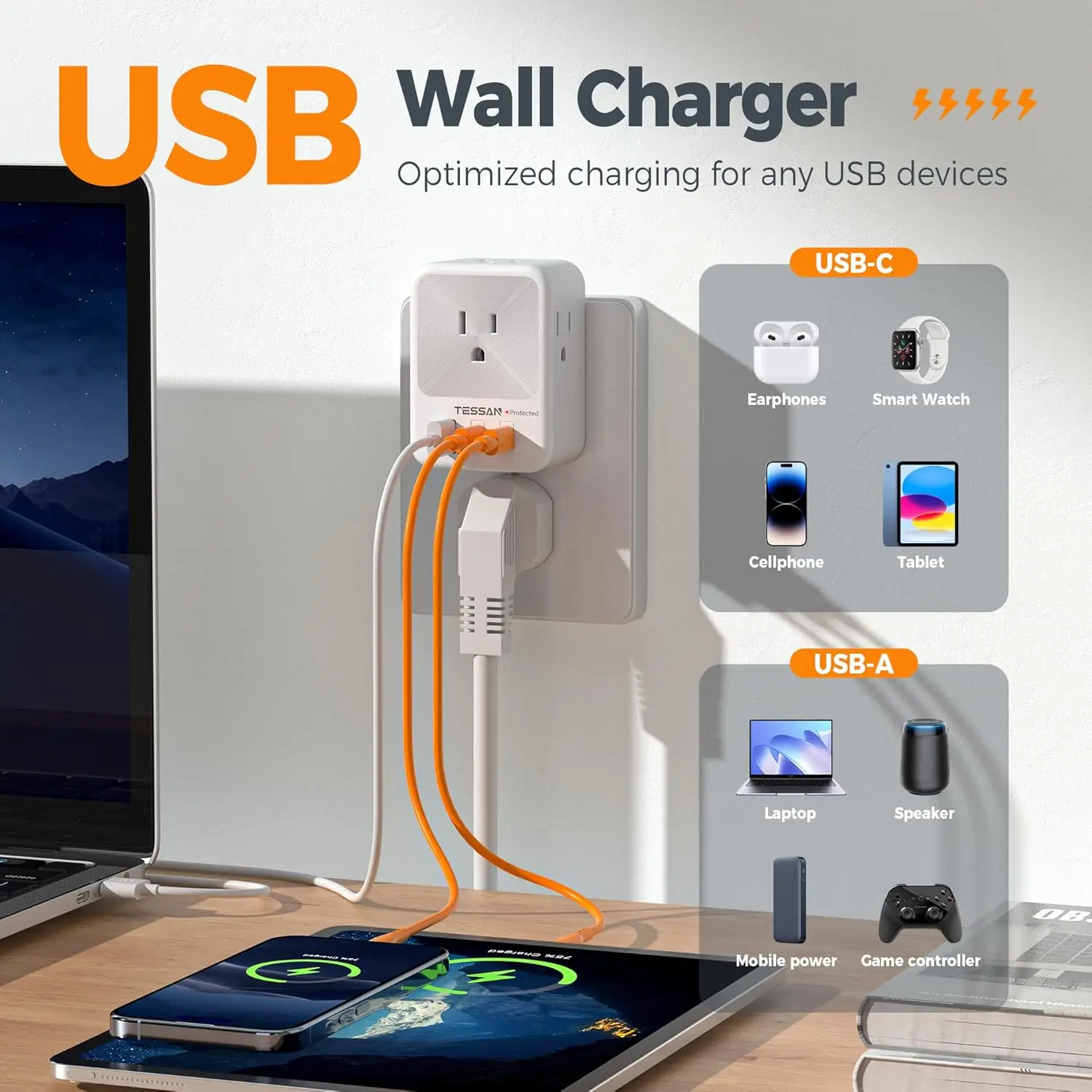 Power strip TESSAN US Plug Power Strip 4AC Outlet 3USB Charging Port Multi-Contacts Electrical Socket with Surge Protector for Home