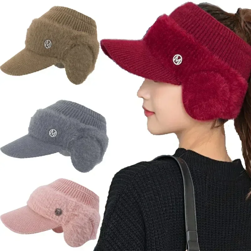 

Knitted Fleece Hats Autumn Winter Women Fashion Comfortable Earflaps Hats Skiing Traveling Outdoor Warm Empty Top Baseball Caps