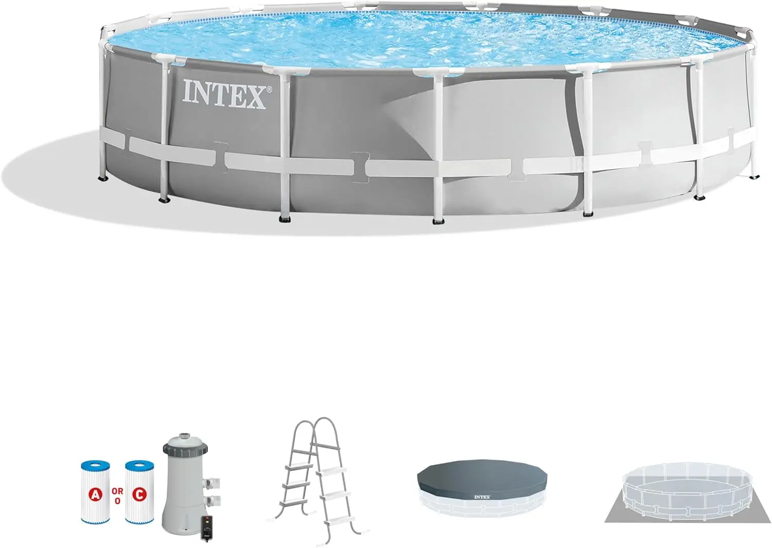 Intex 15 Foot x 42 Inch Prism Frame Above Ground Outdoor Backyard Swimming Pool Set with 1000 GPH Filter Pump, Ladder