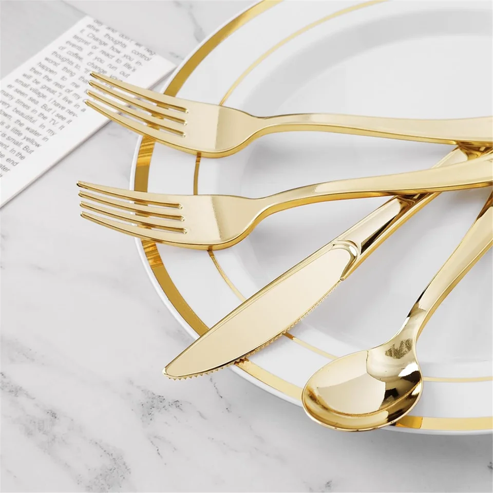 Pre Rolled Silver Plastic Silverware Set,Pre Rolled Napkins with Silver Cutlery Set for Party,Birthday Gold