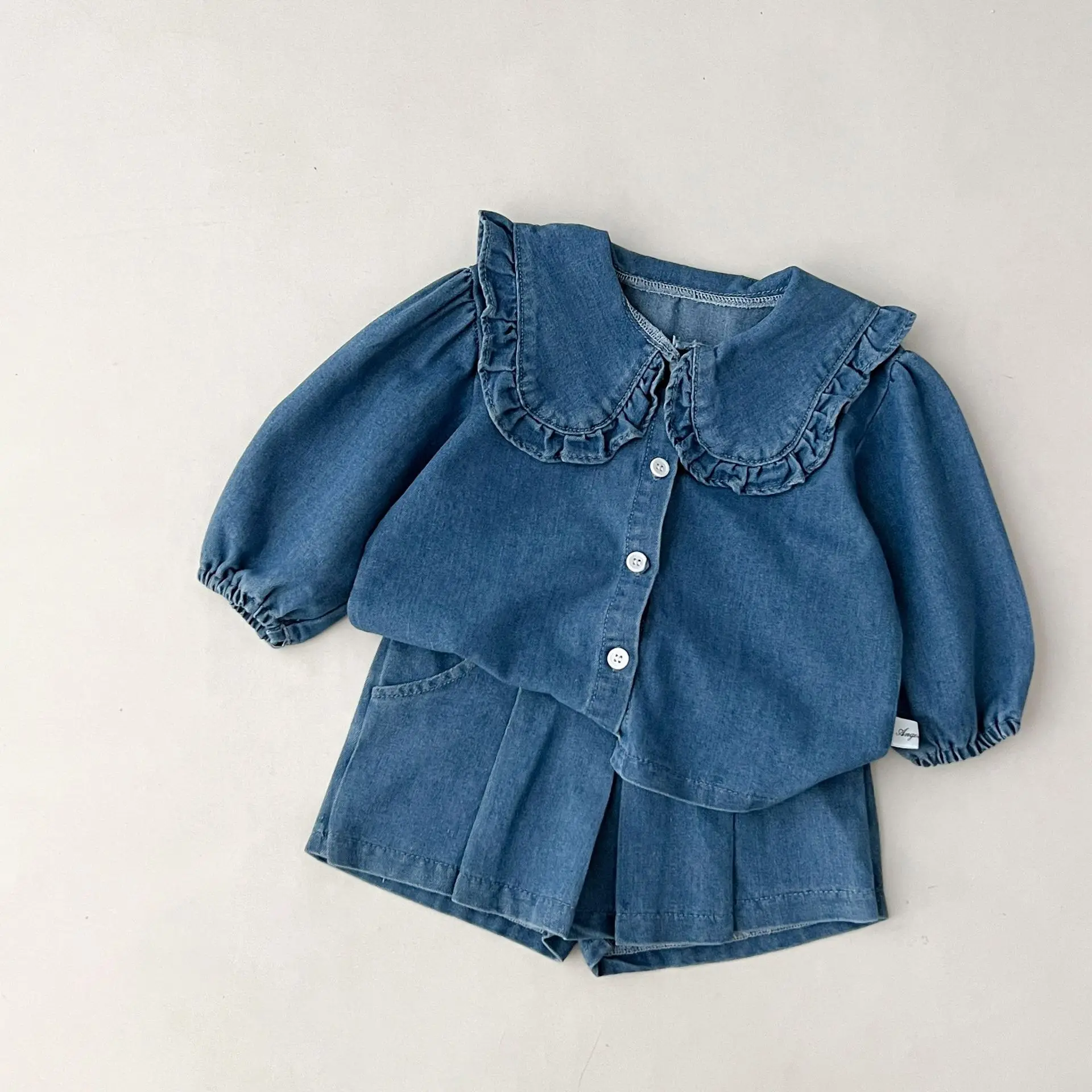 Solid Denim suit baby spring  autumn long-sleeved denim shirt jacket trousers two-piece baby boys girls Simple Casual 2PCS 3