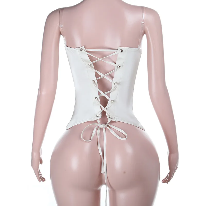Gtpdpllt Sexy Strapless Lace Up Backless Ruched Slim Corset Tops Bodycon Y2K Summer All-Match Fashion Streetwear Low Cut Top