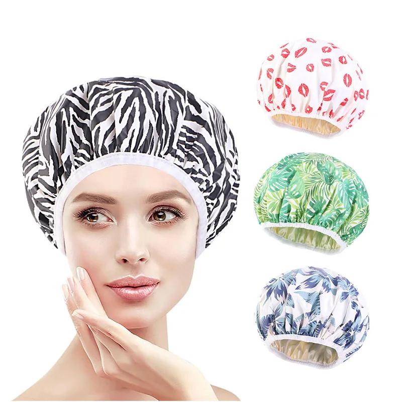 

2023 EVA Printed Waterproof Bath Cap Satin Lined Hair Cap PE Care Facial Mask Makeup Cap Night Cap Kitchen Fume Hood Hair Wrap