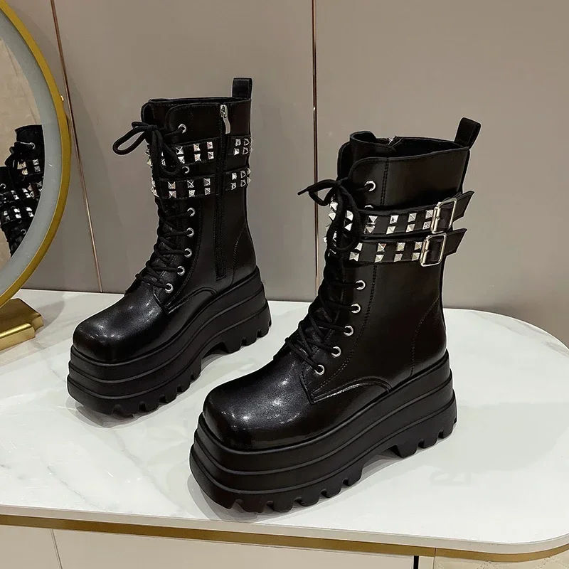 Chain Decoration Front Lace Military Boots Platform Thick Bottom Calf Ankle Boots Autumn and Winter New Shoes for Woman