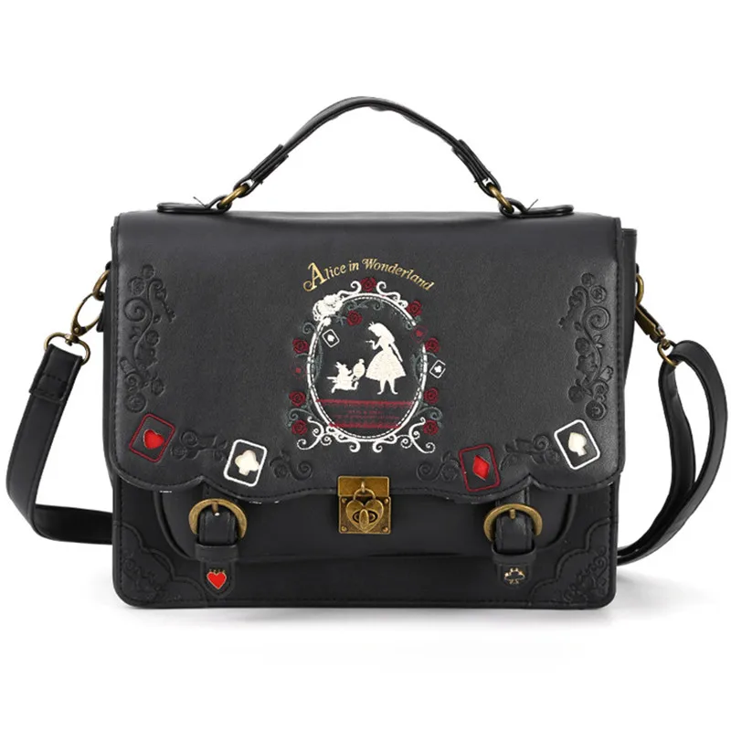 Alice In Women Backpack Vintage Student Schoolbag Playing Cards Silhouette Embroidery Leather Bag womens backpack