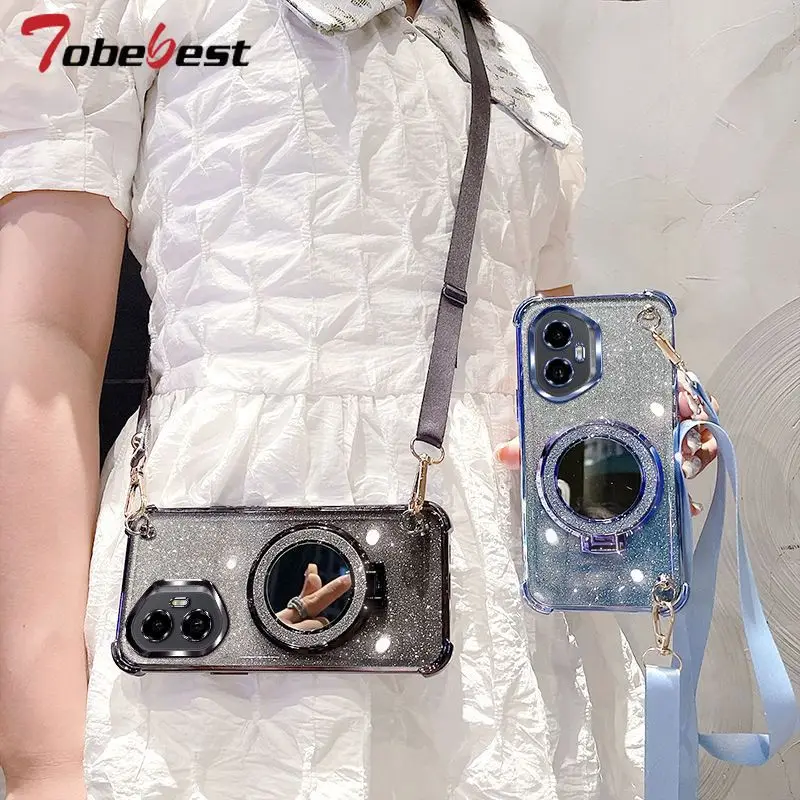 Glitter Plating Mirror Shockproof Crossbody Lanyard Phone Case with Magsafe Holder