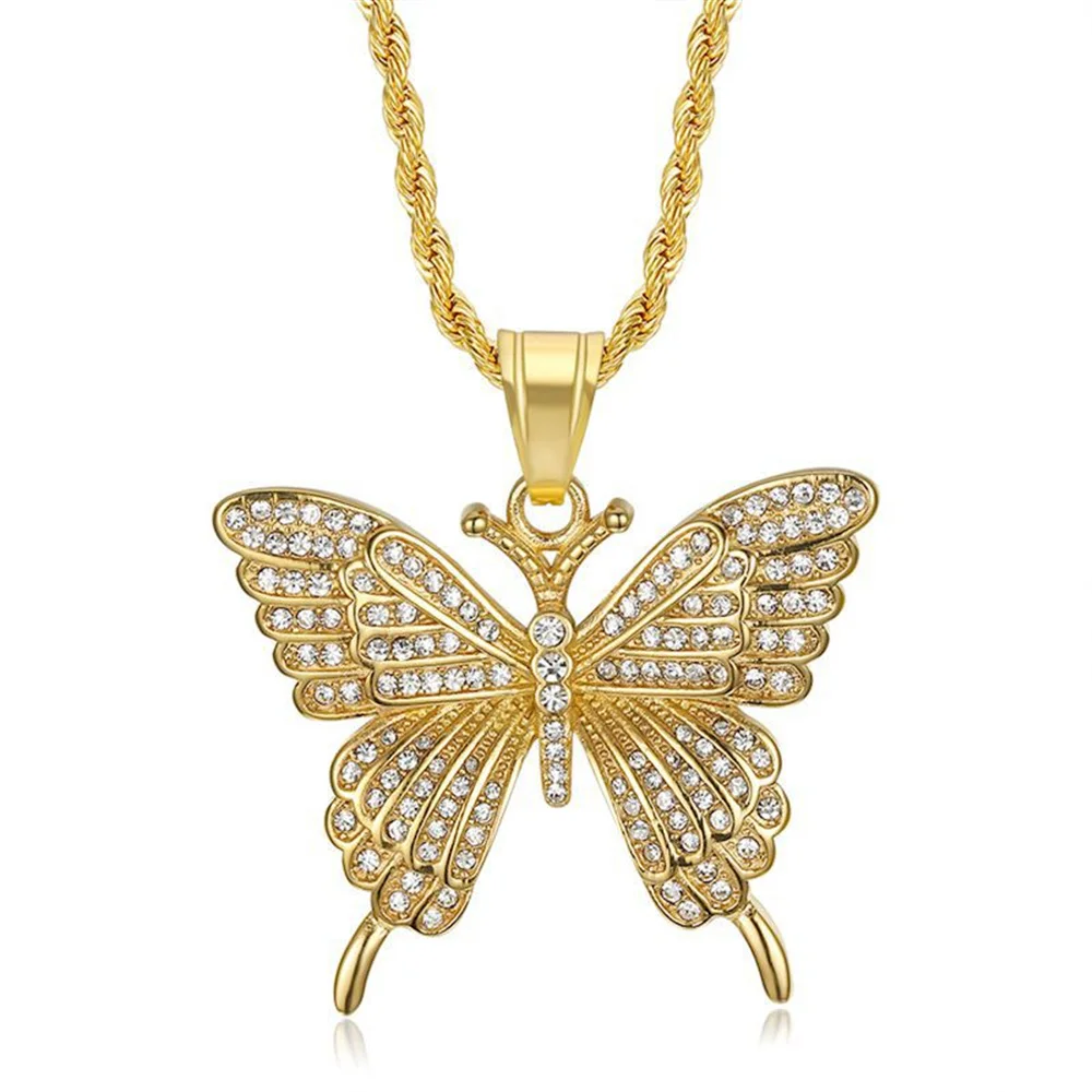 

Hip Hop Iced Out Bing Butterfly Pendant Male Gold Color Stainless Steel Animal Necklace for Men Punk Jewelry Gift Dropshipping