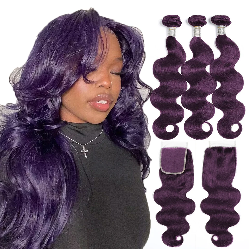 

Dark Purple Colored Body Wave Human Hair Bundles With Closure Indian Hair Weave 3/4 Bundles With Lace Closure Wavy Human Hair